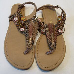 City Classified Brown Snakeskin Pattern Beaded Buckle Sandals Size 6